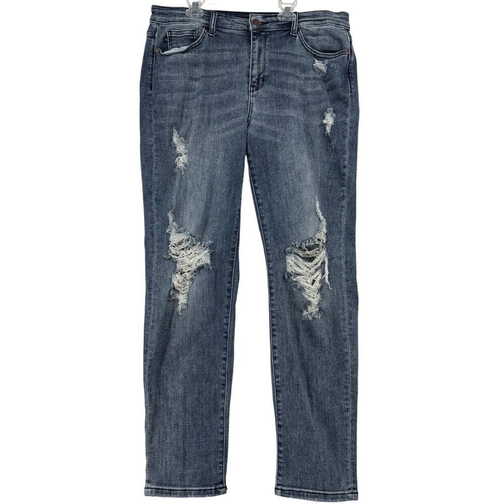 Judy Blue Boyfriend Fit Distressed Jean Size 15/32 Blue High Rise‎ Stretch Denim